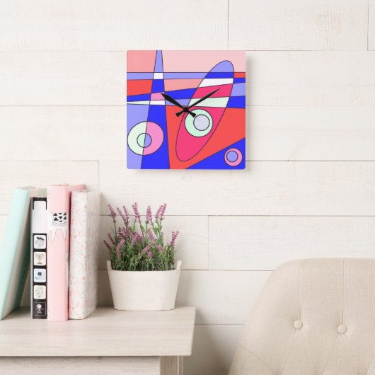 Square Clock Abstract Surfred Blue Red White Vierkante Klok (Leeskamer)