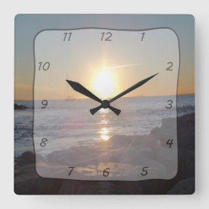 Square Clock met Ocean Sunset & Sailboat Photo Vierkante Klok