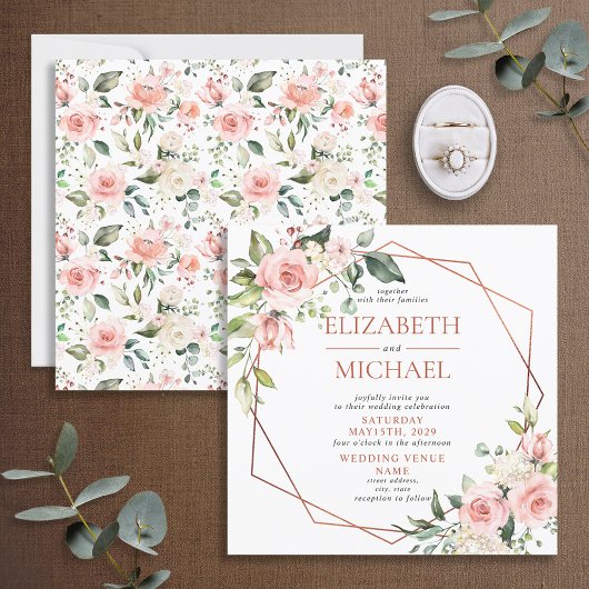 Square Copper Geometric Peach Pink Floral Wedding Kaart