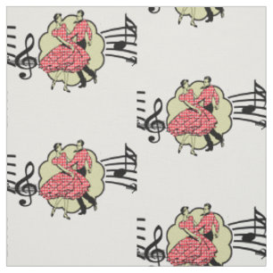 Square Dance Couple Red Check Dress Music Symbols Stof