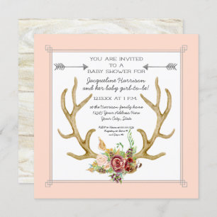 Square Deer Antler Blush Floral Baby Girl Shower Kaart