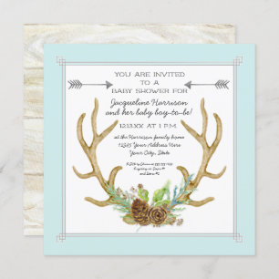 Square Deer Antler Pine Cone Ferns Baby Boy Shower Kaart