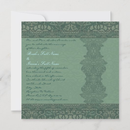 Square Green  Damask Wedding Invitation Kaart (Voorkant)