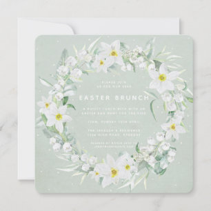 Square Green + White Floral Wreath Easter Brunch Kaart