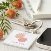 Square keychain with pink daisy flowers (Voorkant Rechts)