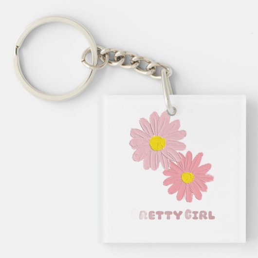Square keychain with pink daisy flowers (voorkant)