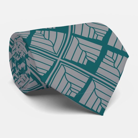 Square Leaf Pattern Blauwgroen Neutraal Stropdas (Opgerold)