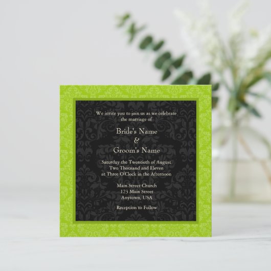 Square Limoen Greeen Damask Monogram Wedding Invit Kaart (Staand voorkant)
