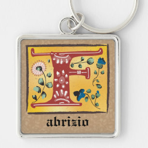 Square medieval Floral, belicht op monogram Sleutelhanger