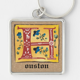 Square medieval Floral Illuminated H Monogram Sleutelhanger