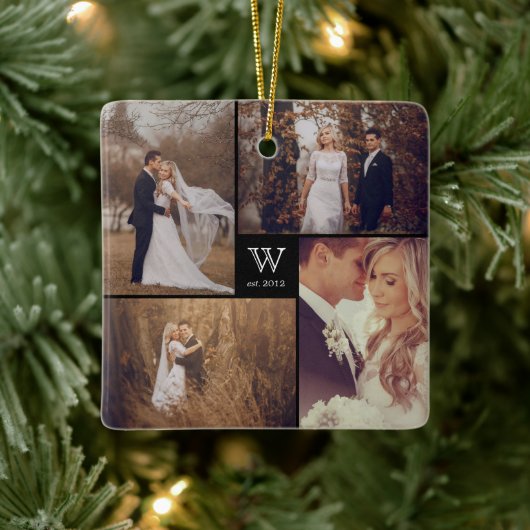 Square Monogram Simple Photo Collage Holiday Keramisch Ornament (Boom)