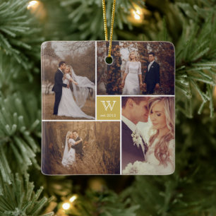 Square Monogram Simple Photo Collage Holiday Keramisch Ornament