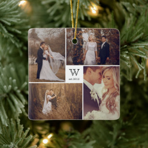Square Monogram Simple Photo Collage Kerstmis Keramisch Ornament