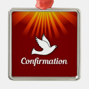 Square Ornament, Confimrtion, Dove on Red, Metalen Ornament