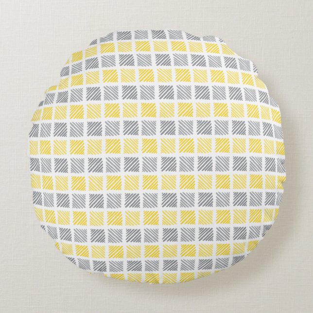 Square Pattern Yellow & Gray Round Pillow Rond Kussen (Voorkant)