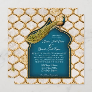 Square  Peacock Arabesque Gold Wedding Kaart