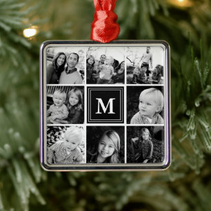 Square Photo Collage Black Monogramed Custom Metalen Ornament