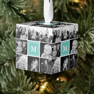 Square Photo Collage Blauwgroen Monogramed Custom Kubus Ornament