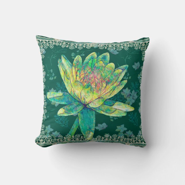 Square Pillow Water Lily Design Green Kussen (Voorkant)