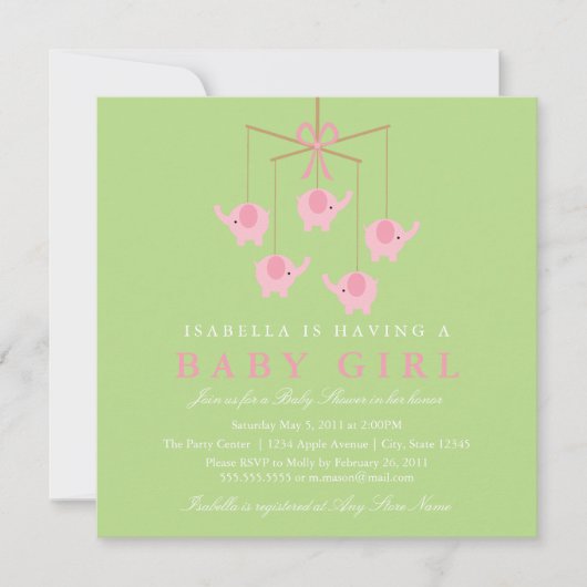 Square Pink Elephant Moblie Baby shower Uitnodigin Kaart (Voorkant)
