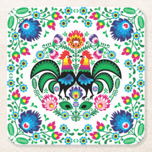 Square Poland Rooster Pattern Vierkante Kartonnen Onderzetter