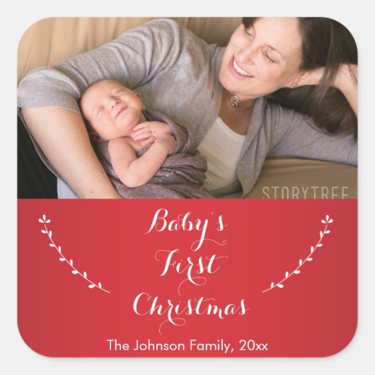 Square Red Baby's eerste kerstfoto Stickers (Voorkant)