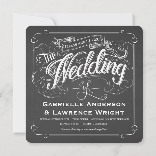 Square Rustic Chalkboard Art Wedding Invitations Kaart (Voorkant)