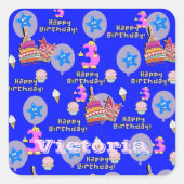 Square Stickers, #3 Happy 3rd Birthday Blue Vierkante Sticker (Voorkant)