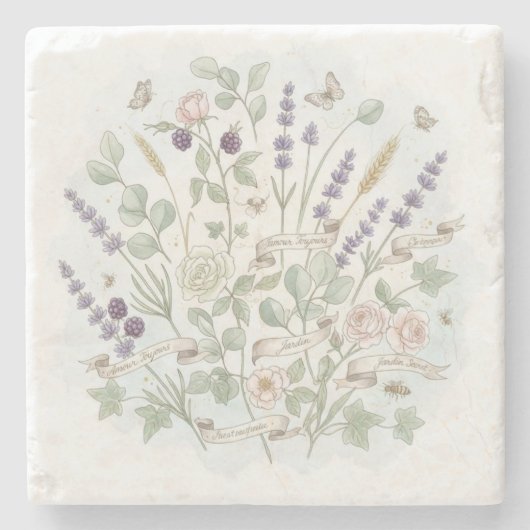 Square Stone Onderzetter - Botanische Waterverf (Voorkant)