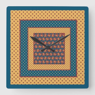 Square Wall Clock, Gold-effect Horses, pooldots Vierkante Klok