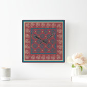 Square Wall Clock, Maroon, Blue Floral Vierkante Klok (Huis)