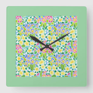 Square Wall Clock, Spring Primroses, Mint Green Vierkante Klok