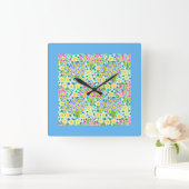 Square Wall Clock, Spring Primroses, Sky Blue Vierkante Klok (Huis)