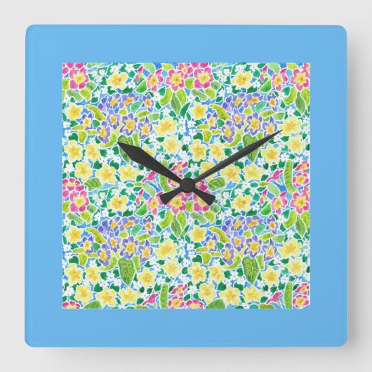 Square Wall Clock, Spring Primroses, Sky Blue Vierkante Klok (Voorkant)