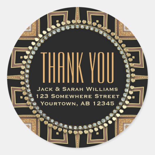 Squaza-sq Art Deco Goud Zwart Dank Je Rond Ronde Sticker (Voorkant)