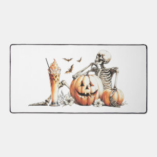 Squelette avec citrouille et boire. Halloween.