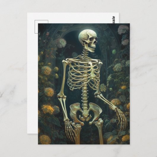 Squelette humain dans la carte postale des fleurs (Devant / Derrière)