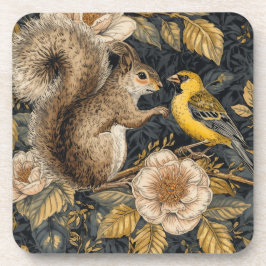 Squirrel and Yellow Canary with Flowers Pattern Bier Onderzetter