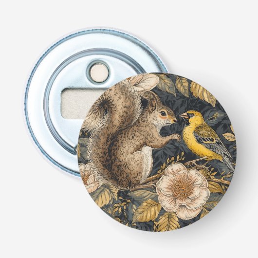 Squirrel and Yellow Canary with Flowers Pattern Button Flesopener (Voorkant)