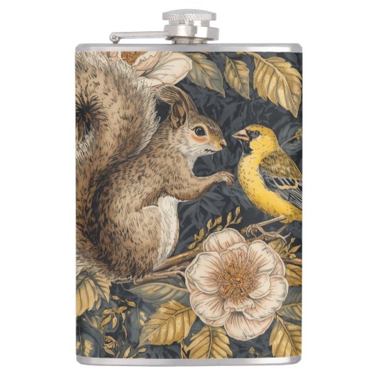 Squirrel and Yellow Canary with Flowers Pattern Heupfles (Voorkant)