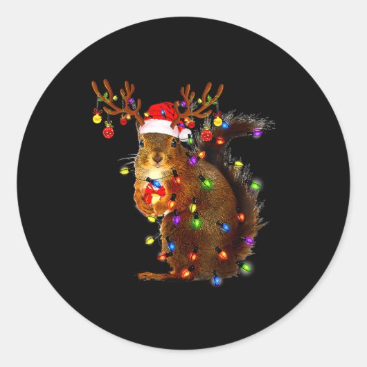 Squirrel Christmas Tree Lights Reindeer Santa Hat  Ronde Sticker (Voorkant)