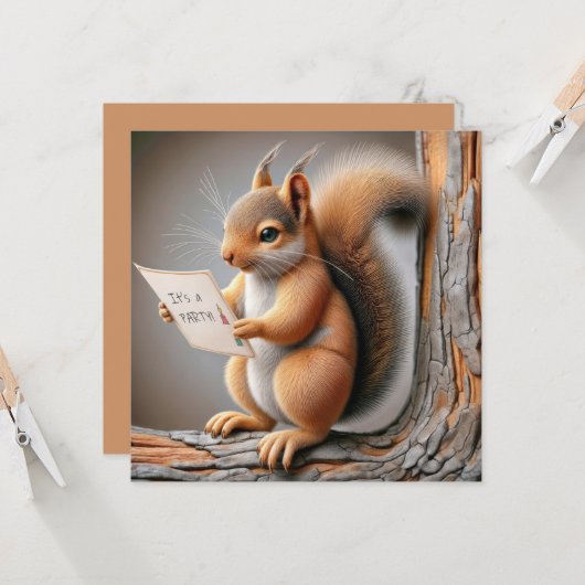 Squirrel Lecture d'un Invitation de fête d'anniver (Devant/Arrière en situation)
