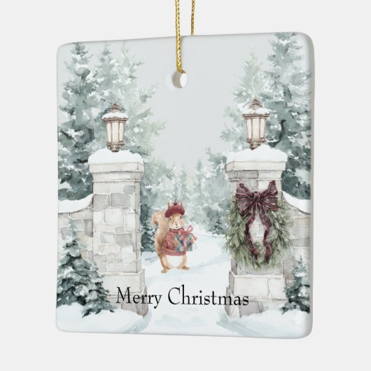 Squirrel Red Coat Snow Christmas Keramisch Ornament (Links)