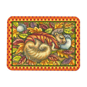 SQUIRREL SLAPING ONDER AUTUMN LEAVES, SEASONAL MAGNEET