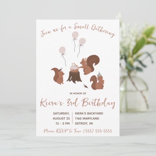 Squirrel Small Gathering, Woodland Birthday Party Kaart (Staand voorkant)