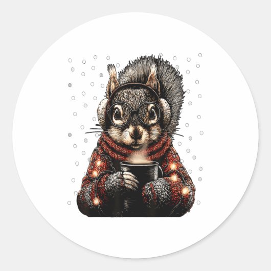 Squirrel With Gles Christmas Lights Funny Coffee W Ronde Sticker (Voorkant)
