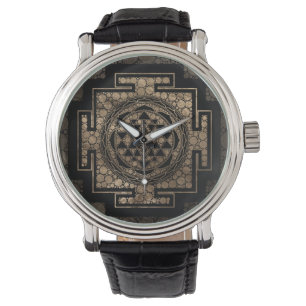 Sri Yantra / Sri Chakra Dot Art Goud en Zwart Horloge