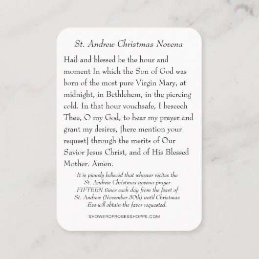 St. Andrew Kerstmis Novena Maagd Mary Jesus Visitekaartje (Achterkant)