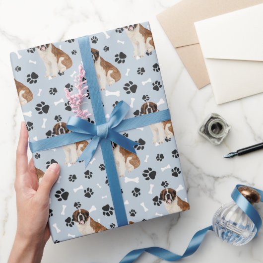 St. Bernard Dog Paw Print Pattern op Silver Blue Cadeaupapier (Geschenken)