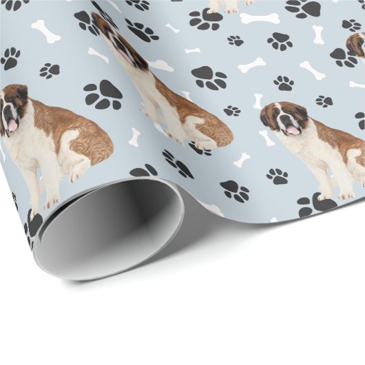St. Bernard Dog Paw Print Pattern op Silver Blue Cadeaupapier (Rol Hoek)